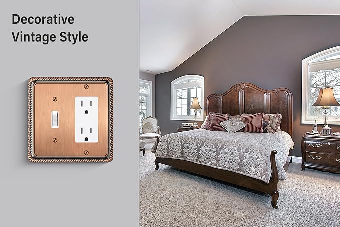 Henne Bery Rope Edge Decorative Wall Plate Switch Plate Outlet Cover (Toggle/Decorator, Antique Copper)