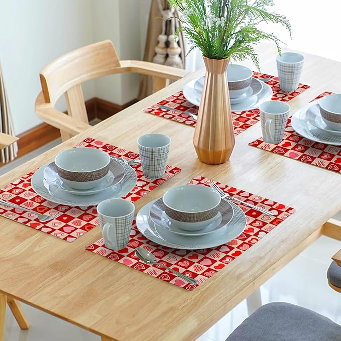 Valentines Day Table Mats - Red Heart Placemats Set of 4 Pink Love Place Mat 12x18 for Dining Kitchen Farmhouse