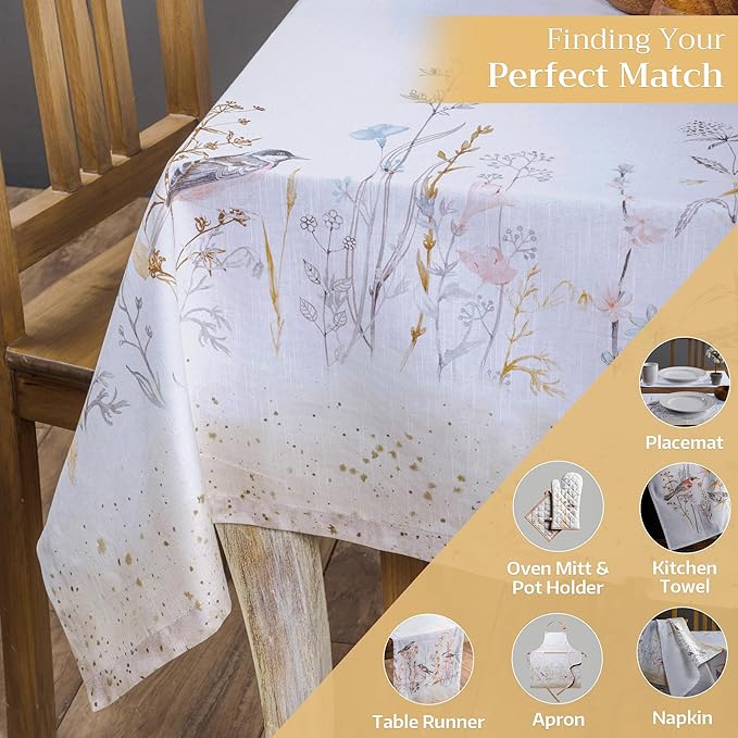 Maison d' Hermine Table Cloth Rectangle Table 100% Cotton 60 x 120 Inches Tablecloth Reusable Decorative for Dining Room Farmhouse Home Valentines Day Decorations Spring Summer- Meadow Florals - Beige