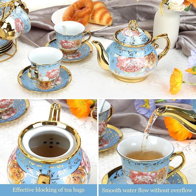 20 Pcs Porcelain Tea Set with Metal Holder, Adult Tea Set Gift, European - Image 6