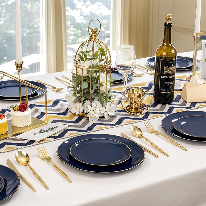 bUCLA 150PCS Blue and Gold Plastic Plates - 25 Guests Navy Blue Plastic Dinnerware Disposable for Party and Hanukkah - Include 25 Dinner/Dessert Plates, 25 Knives, 25 Forks, 25 Spoons, 25 Cups