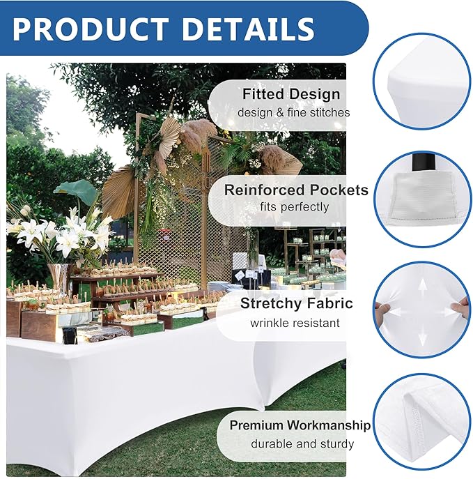 Spandex Table Cloths for 8 Foot Rectangle Tables-6 Pack Fitted Stretch White Table Covers-Elastic Folding Tablecloths for Party, Vendor Booth Display, Banquet Buffet Event, Craft Trade Show