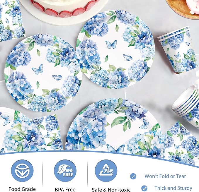 100pcs Hydrangea Party Supplies Paper Plates Napkins Cups | Hydrangea Floral - Image 3