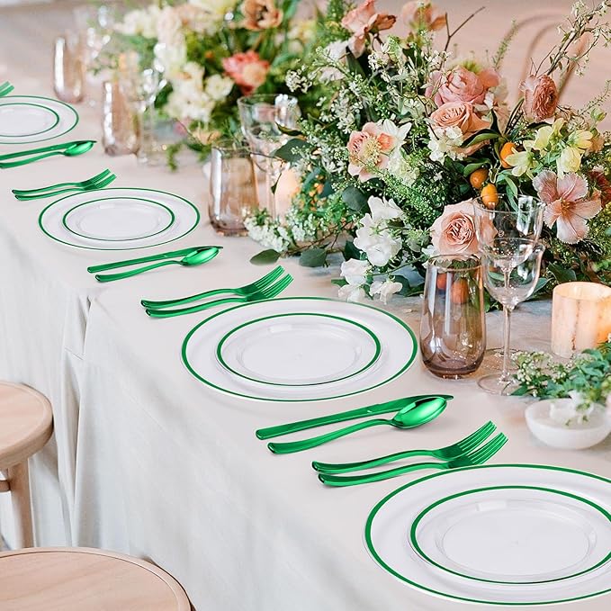 BESTSTAR 200PCS Green and Clear Plastic Plates, Green Disposable Plate Set with 100 Dinner Plates and 100 Dessert Plate for Party, St. Patrick's Day