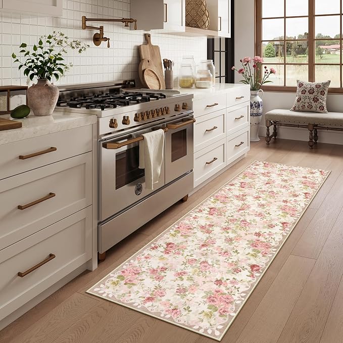 Lahome Floral Runners for Hallways Non Slip, 2x6 Washable Kitchen Runner Rug, Soft Boho Throw Carpet for ‎Girls Bedside Bedroom Laundry Bathroom Beige/Pink/Multi