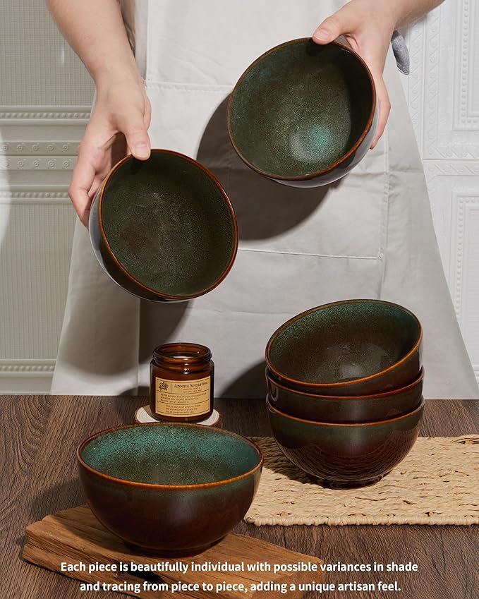 Stoneware Cereal Bowls Set of 6, 22 Oz Soup Bowls Set for Cereal Soup Snacks, Modern Kitchen Bowls for Meal, Dishwasher & Microwave Safe-Brown and Green