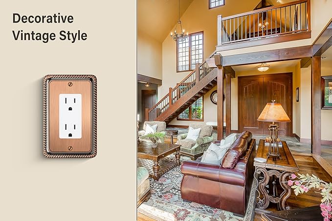 Henne Bery Rope Edge Decorative Wall Plate Switch Plate Outlet Cover (Single Decorator, 2 Pack, Antique Copper)