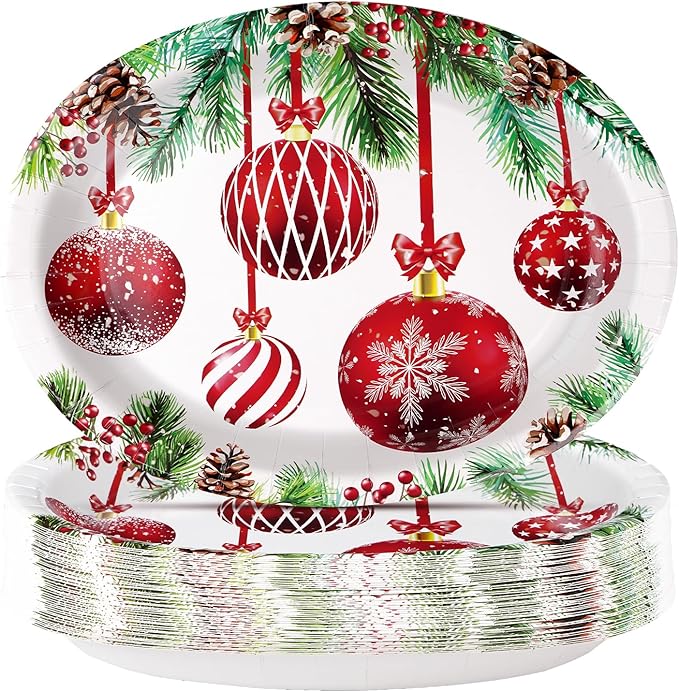 Grencian 50Pcs Christmas Paper Plates - Oval Dinner Plates, 10" x 12", Heavy Duty 400GSM, Red Christmas Balls for Merry Xmas Party Supplies