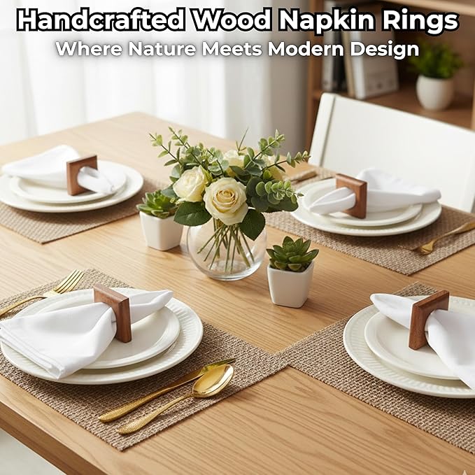 CLEENTABLE Wooden Napkin Rings Set of 12 Fall Decor for Home Square Acacia Wood Napkin Holders for Dining Table Settings Napkin Ring Rustic Table Décor for Weddings, Parties, Everyday Use (Brown)