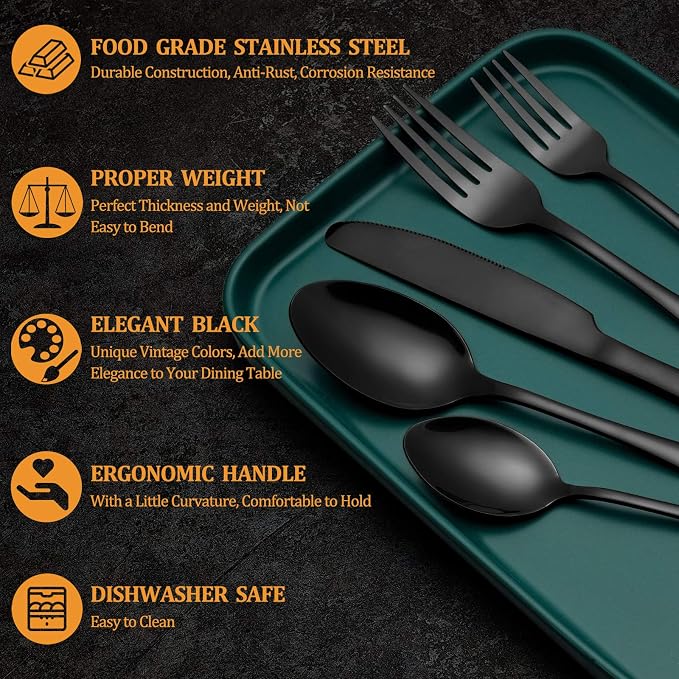 40 Pcs Black Silverware Set, Stainless Steel Flatware Set - Image 3