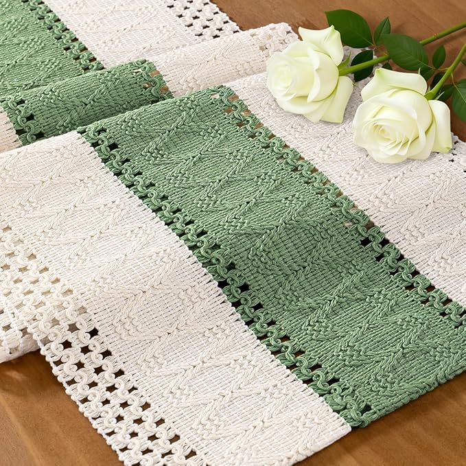 Ivory & Sage Boho Table Runner Macrame Woven Table Runner 12x72 Inch | Small by MLMC