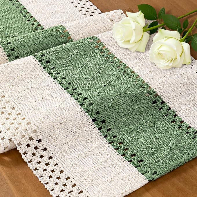 Ivory & Sage Boho Table Runner Macrame Woven Table Runner 12x60 Inch | Small by MLMC