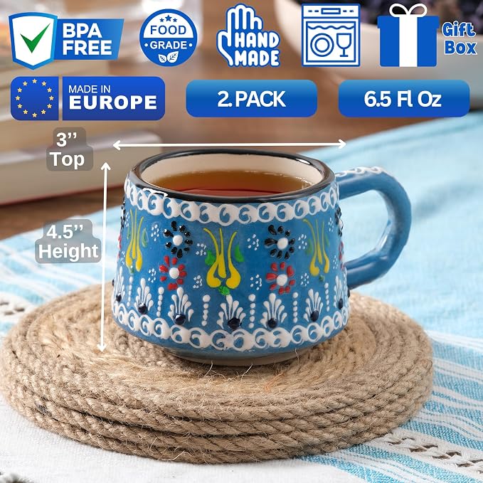 BCS 6 Oz Cappuccino Cups Set of 2, Hand-Painted Ceramic Coffee & Tea Mugs | - Image 2
