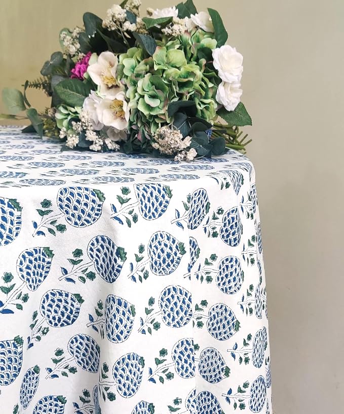 ATOSII Roma Blue 100% Cotton Boho Round Fall Tablecloth, Handblock Floral Print Table Cloth Linen for Kitchen Dining I Parties, Outdoors, Weddings, Christmas, Thanksgiving Decor 72" Inches Diameter