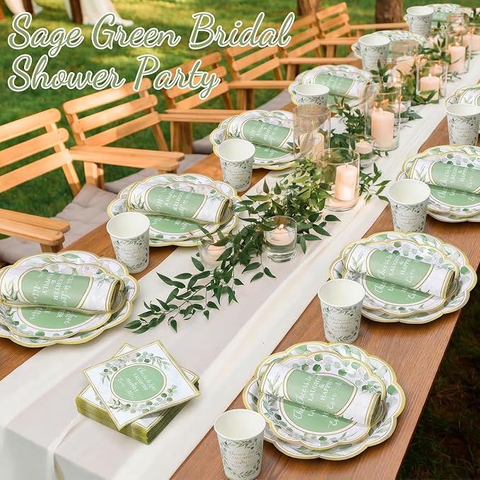 Funnymoom 250 Pcs Cheers to Love Sage Green Gold Eucalyptus Party Plates | - Image 5