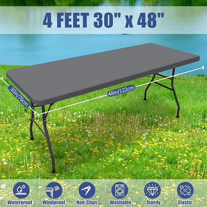 Spandex 4 Foot Rectangle Table Cloth 2 Pack, Elastic Fitted Tablecloths for Picnic, Stretch Washable Patio Table Cover for Outdoor, Camping, Banquet and Parties (Grey, 30"x48")