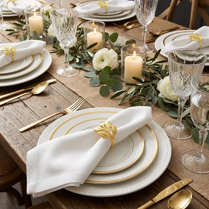 Gold Napkin Rings Set of 12, Shiny Zinc Alloy, Durable Polished Leaf Shaped Napkin Rings Fits Any Beautiful Table Decor for Christmas, Wedding, Party, Gift Idea for Elegant Table Settings