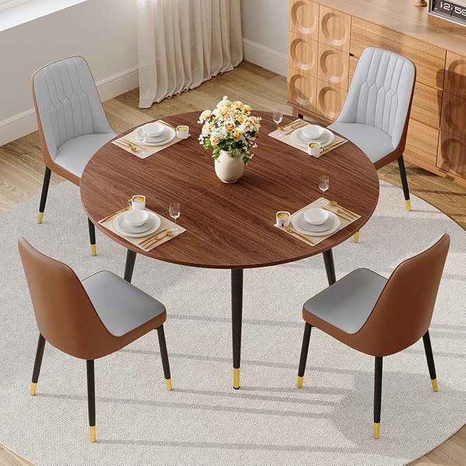Extendable Dining Room Table｜53” Round Dining Table for 4-6｜Walnut Wooden Tabletop with Metal Legs｜Stable and Sturdy｜Easy Transform｜Easy Assembly｜Space Saving｜for Kitchen, Living Room
