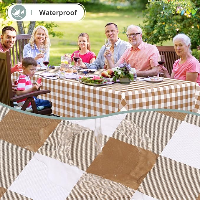 misaya Rectangle Waterproof Vinyl Table Cloth, Buffalo Flannel Backed Tablecloth, Wipeable Plastic Table Cover for Dinner, Kitchen, Outdoor (60" x 102", Brown and White)