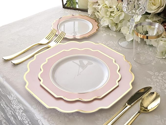 " OCCASIONS " 120 Plates Pack,(60 Guests) Heavyweight Premium Wedding Party Disposable Plastic Plates Set -60 x 10.5'' Dinner + 60 x 8'' Salad/Dessert(Imperial in Blush & Gold)
