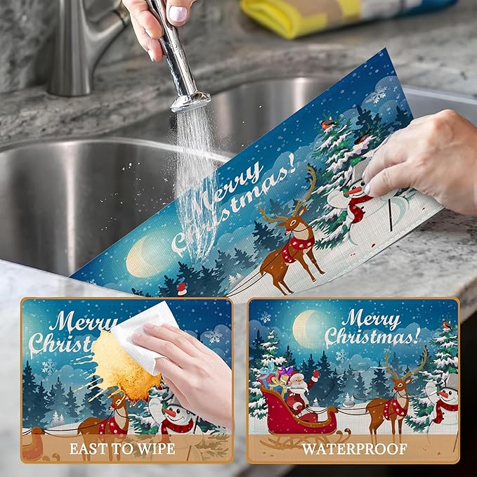 Christmas Santa Claus Deer and Snowman Placemats Set of 6 Washable Table Mats for Kitchen Dining Table,Heat-Resistant Place Mats for Indoor Outdoor Party Holiday Decoration