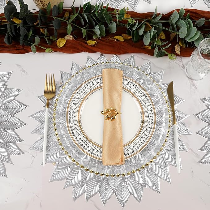 Placemats Set of 8, Round Hollow Out Flowers Place Mats for Dining Table Pressed Vinyl Blooming Leaf Table Mats for Holiday Party Wedding Accent Centerpiece Dinner Table Decoration (Silver)
