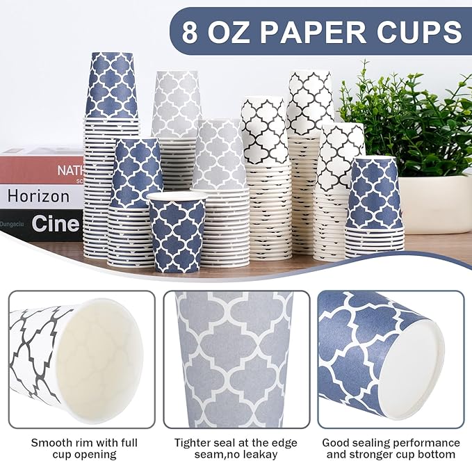 300 Pack Paper Cups 8 oz, Disposable Coffee Cups 8 OZ Colourful Hot/Cold Beverage Drinking Cups for Office Party Home Picnic