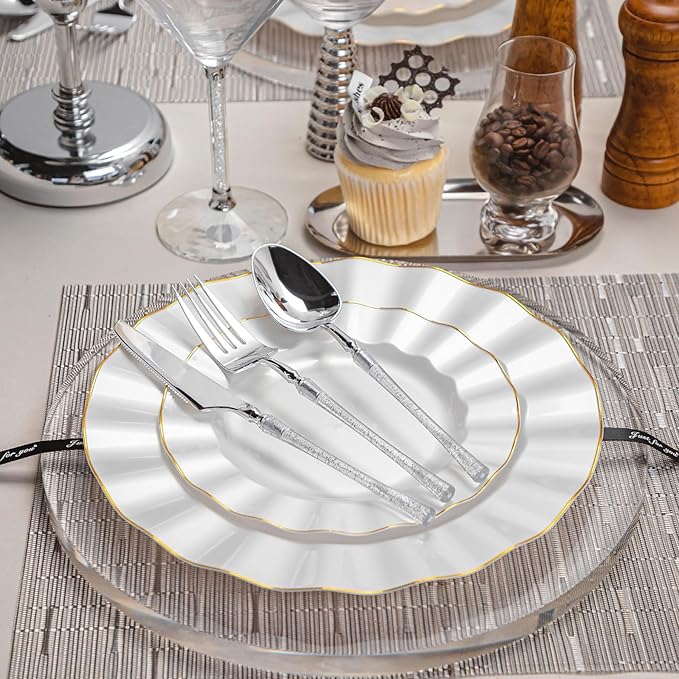 72PCS Pearl White Plastic Plates, Heavy Duty Disposable Party Plates with Gold Rim, 36 Dinner and 36 Dessert for Parties and Wedding