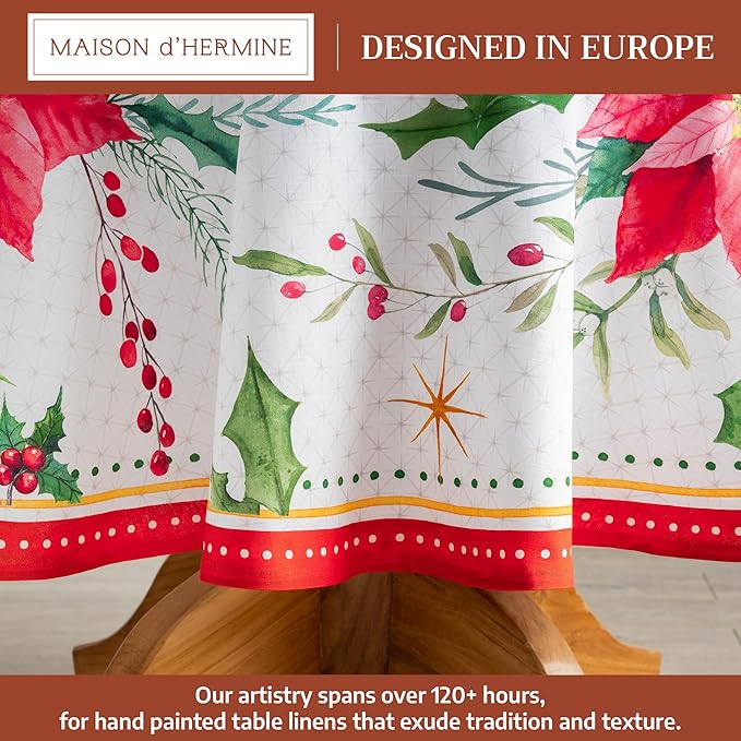 Maison d' Hermine Table Cloth Round Table 100% Cotton 63 Inches Fall Tablecloth Reusable Everyday Use for Thanksgiving Christmas Decorations Dining Farmhouse Party (Poinsettia Christmas)