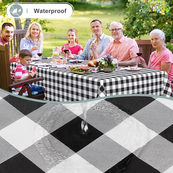 misaya 2 Pack Waterproof Vinyl Table Cloth, Buffalo Flannel Backed Tablecloth, Wipeable Plastic Table Cover for Dinner, Kitchen, Outdoor (60" x 84", Black and White)