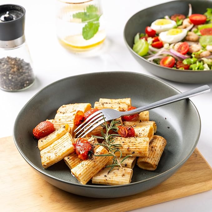 AmorArc 9.75'' Ceramic Large Pasta Bowls, 38oz Stoneware Flat Serving Bowls Set of 4, Oven,Microwave&Dishwasher Safe Bowls with Wavy Rim for Fruit Pasta Salad Meal, Reavtive-Matte