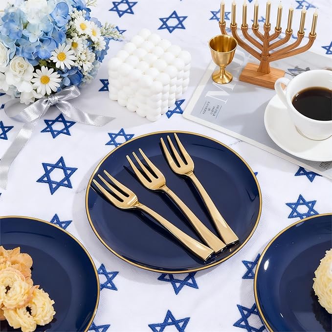 Festiva 200Pcs Navy Blue Gold Dessert Plates 6.3" with Plastic Forks 5"- Small Disposable Plates- Dessert/Cake/Appetizer Plastic Plates include 100Plates 100Forks for Christmas Party & Hanukkah
