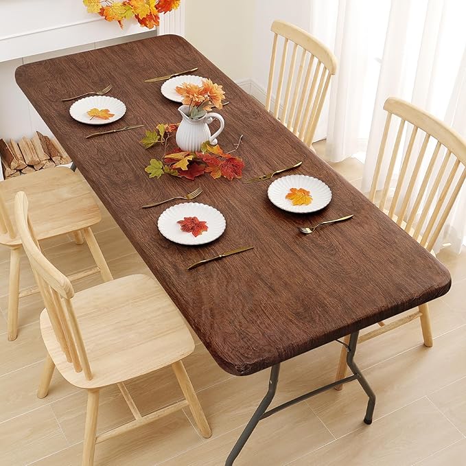 Smiry Rectangle Table Cloth Cover, Waterproof Elastic Fitted Picnic Tablecloth for 8 Foot Tables, Wipeable Flannel Backed Vinyl Tablecloths for Camping, Dining, Outdoor (Brown, 30" x 96")