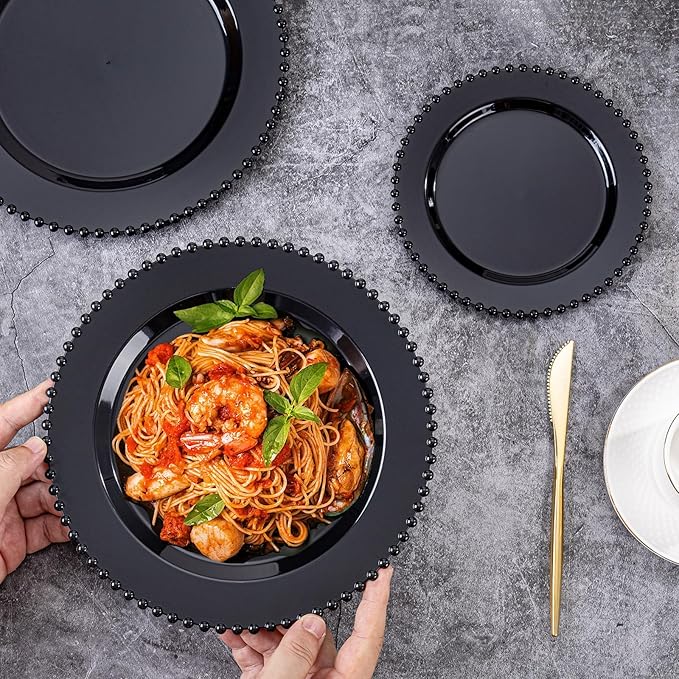 U-QE 60PCS Black Plastic Plates - Heavy Duty Black Disposable Plates Including 30PCS 10.25'' Dinner & 30PCS 7.5'' Dessert Plates -Hard Plastic Plate for Party Wedding Bridal Shower