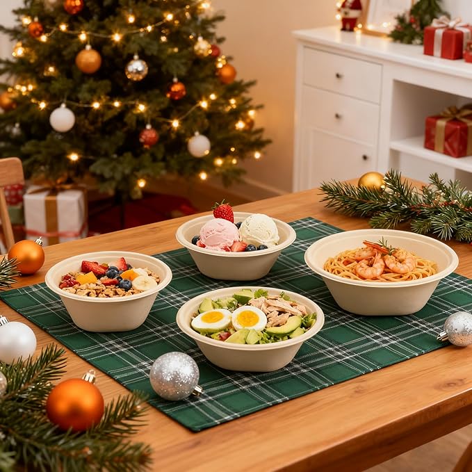 48 OZ [100 Pack] Heavy Duty Compostable Salad Bowls - 100% Sugarcane Fiber, Microwave Safe - Large Disposable Bowls for Soup, Salad, Ramen, Popcorn