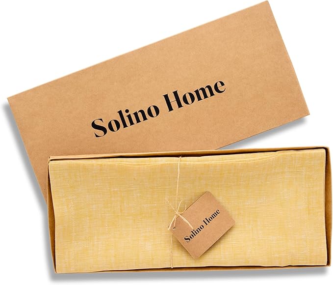 Solino Home Linen Small Table Runner 48 Inches - Athena, 100% Pure Linen Chambray Mustard Yellow Table Runner 14 x 48 Inch Ideal for Dresser and Coffee Tables, Spring, Easter