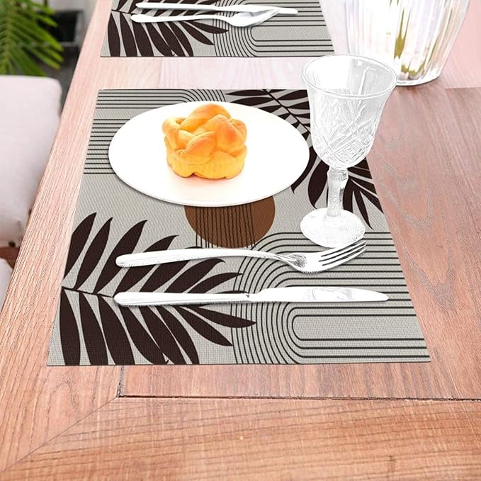 Mid Century Abstract Boho Placemats Geometric Neutral Beige Modern Leaf Plant Semicircle Art Washable Place Mats 12x18Inch for Dining Kitchen Farmhouse Decor 6 PCS