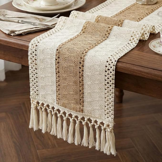 Burlap Boho Table Runner Macrame Brown 72in Farmhouse Woven Runner | Burlap by Xiomot