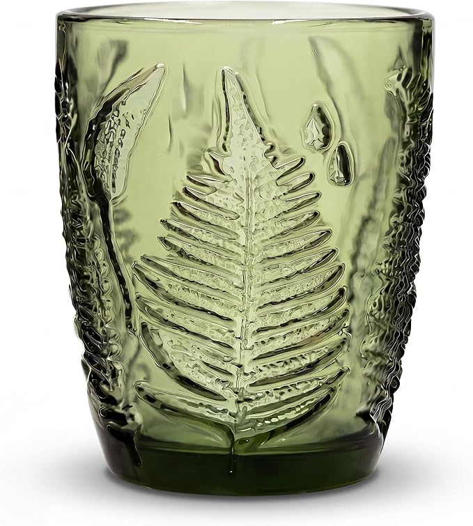Vintage Green Drinking Glass, 10 oz Hand-Pressed Deep Textured Glass Cup by QELVIO