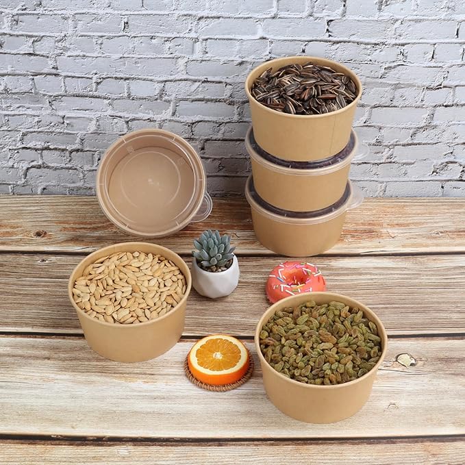 34 oz Disposable Kraft salad paper bowls with lids, Food containers Soup Bowls Party Supplies Treat Bowls 50 Pack