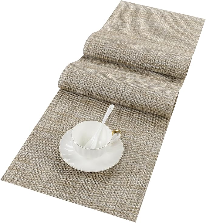 SHACOS Woven Vinyl Table Runners 12 x 54 inch Wipeable Table Runner Heat Resistant Runner for Table Indoor Outdoor, Beige