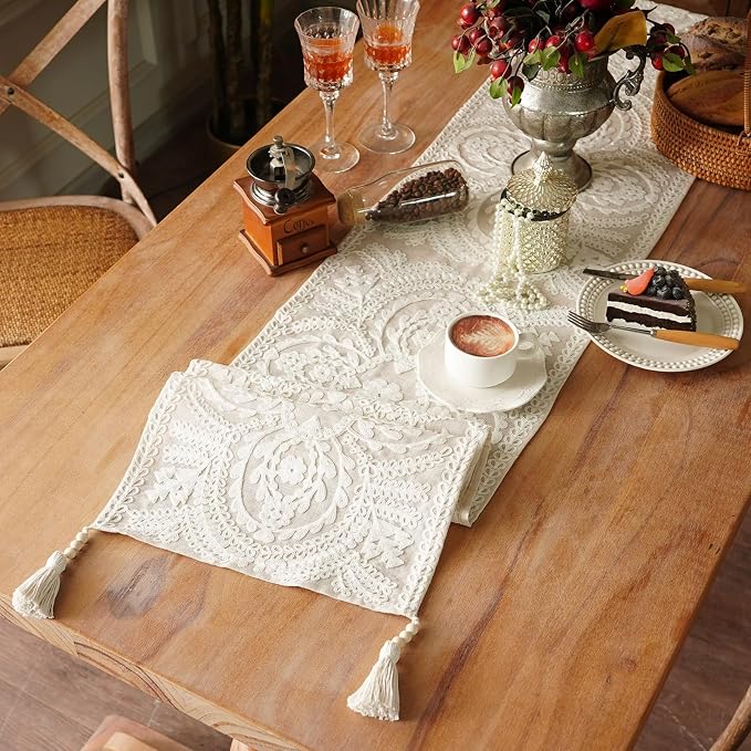 Table Runner Embroidered Farmhouse Dresser Scarf, 4 Tassel Pendants, - Image 2