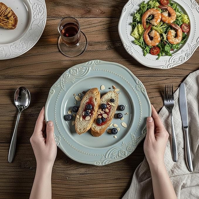 salad plates set of 4, 10.5 inch Reactive Glaze Stoneware Dinner Dish Set for Dessert, Salad, Appetizer, platos de ceramica Dishwasher & Oven Safe, Scratch Resistant-Light Blue