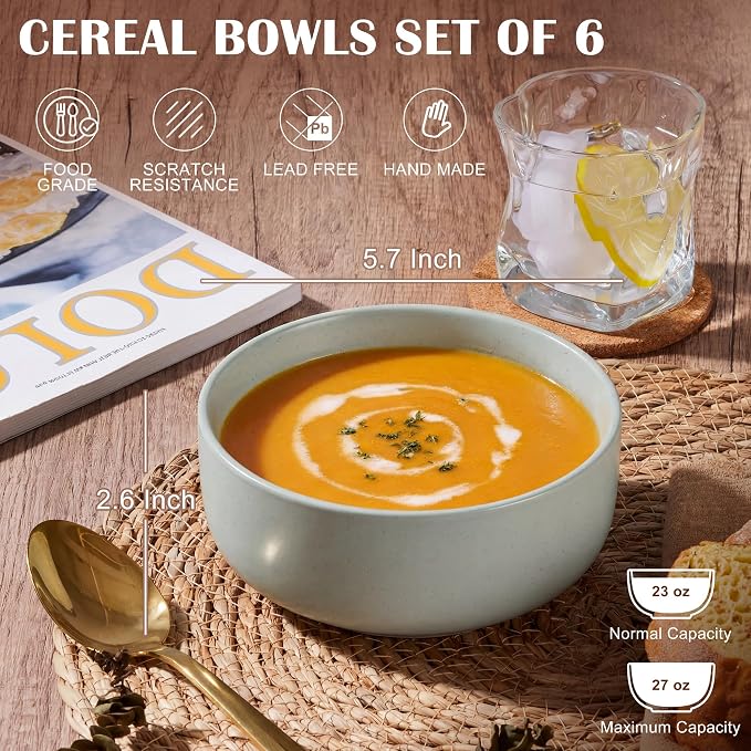E-far Cereal Bowls Set of 6, 27oz Ceramic Deep Soup Bowls - Image 2