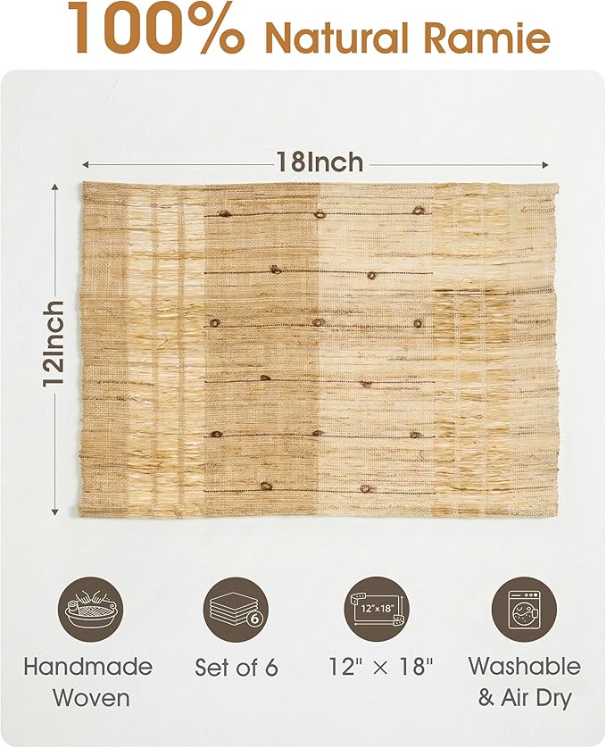 Handmade Ramie Woven Table Placemats Set of 6 (12"x18"),Natural Fiber Heat-Resistant Table Protectors for Family Dinners & Gatherings,Elevate Your Tabletop with Eco-Friendly Style