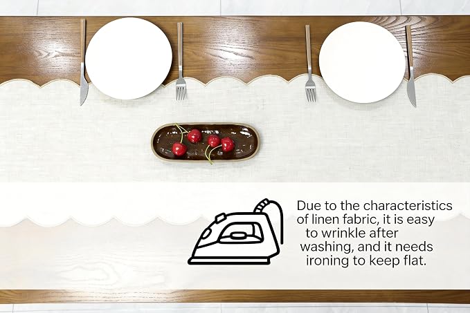 100% Natural Linen Rustic Scalloped Embroidery Table Runner 60 Inches, Linen - Image 4