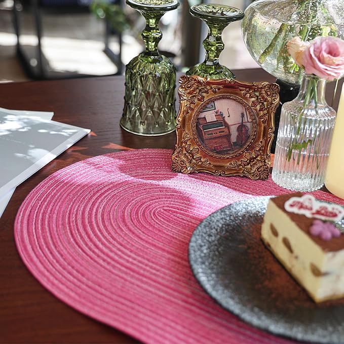 Noctiflorous Oval Braided Placemats Set of 4 Woven 12x18 Inch Non Slip Washable Heat Resistant Place Mats Tablemats for Dining Kitchen Party Daily Table Decor Dinner Mats (Hot Pink, 4)