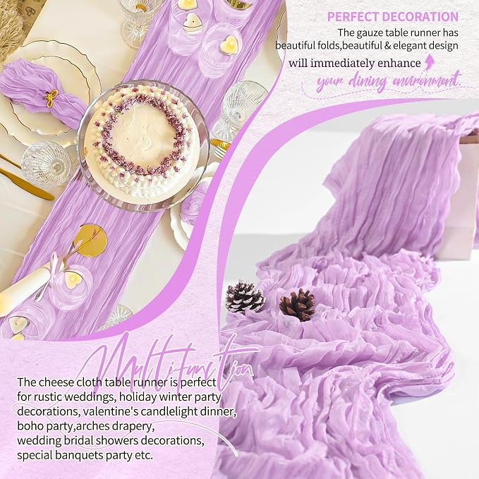 Showgeous 2 Pack Lilac Cheesecloth Table Runners Boho Wedding Decor | Rustic - Image 6