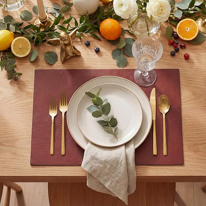 Artoid Mode Red Faux Leather Placemats Set of 6, 12x18 Inch Waterproof Wipeable Heat Resistant Vinyl Place Mats, Reversible Table Mats for Christmas Kitchen Dining Decor