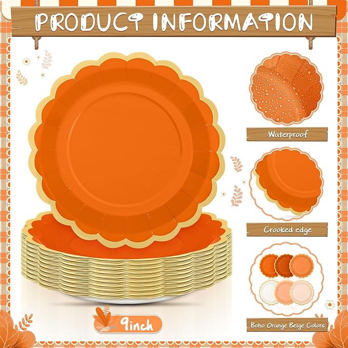 96 Pcs Beige-orange Peach Fall Paper Plates 9 Inch Gradient Scalloped Paper Disposable Dinner Dessert Plates for Birthday Wedding Bridal Party Supplies, 6 Colors